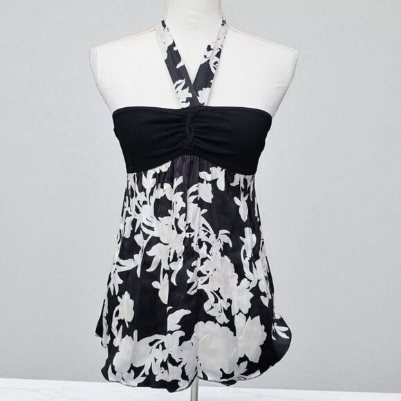 Bebe Floral Halter Top | Black & White Coquette Cottagecore Stretch XS Summer - Picture 3 of 14